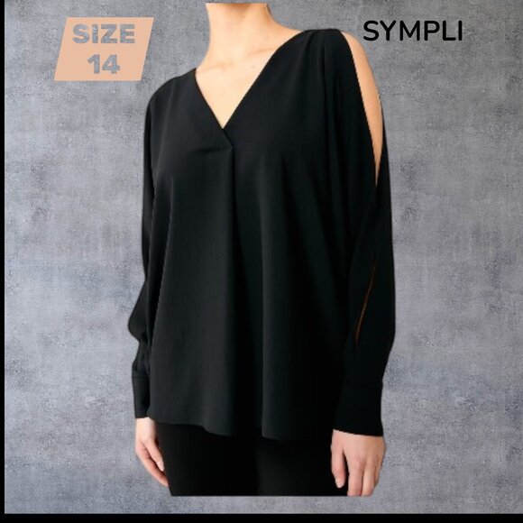 SYMPLI - Split Sleeve V-Neck Top, Long Sleeve, Black, Size 14, NWT - Picture 2 of 4